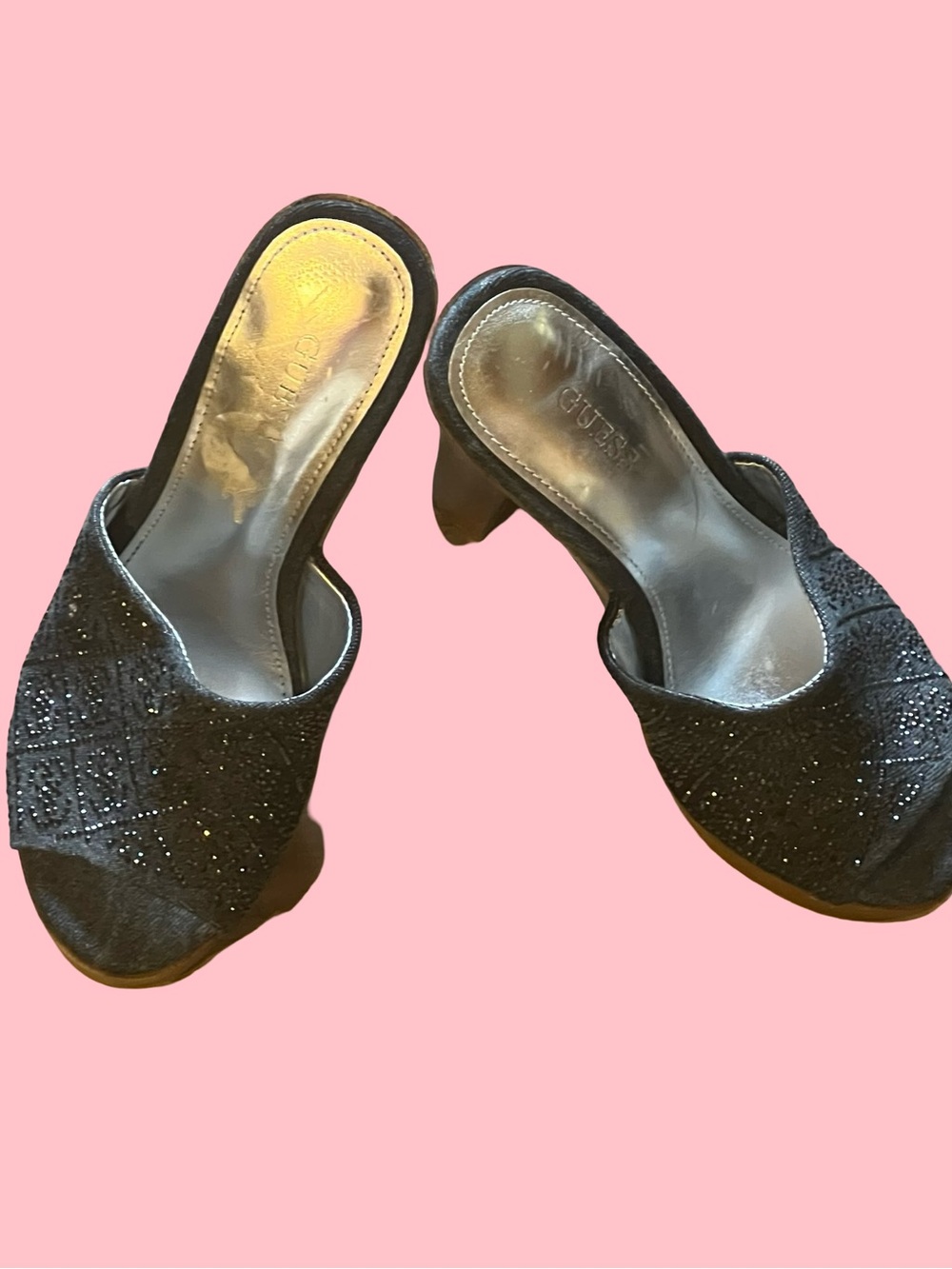 Guess Black sequin wooden Gemely open toe mules size 6